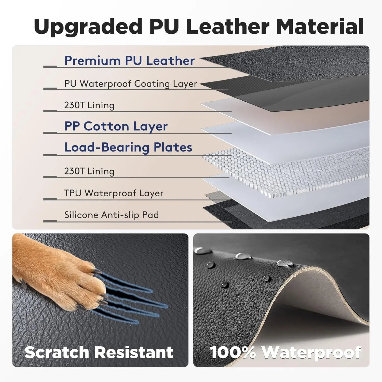 Water beads on waterproof and anti-scratch PU leather pet car seat cover.