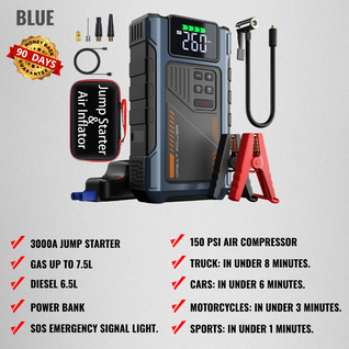 3000A Car Jump Starter with 150 PSI Tire Inflator – Gas up to 7.5L, Diesel 6.5L