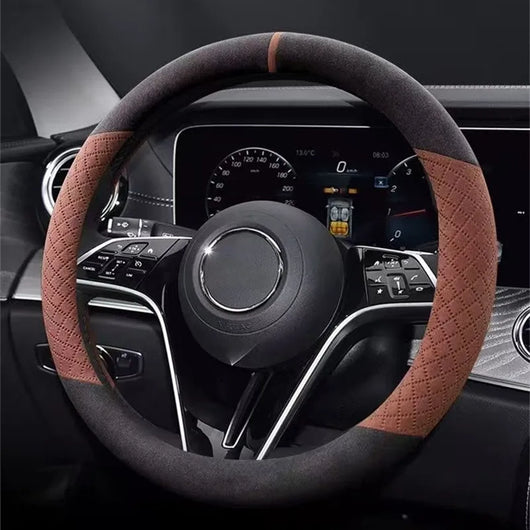 D-Type Steering Wheel Cover – Universal Fit 14.5–15 inch (37–38cm), Breathable, Anti-Slip Leather & Suede Car Accessory