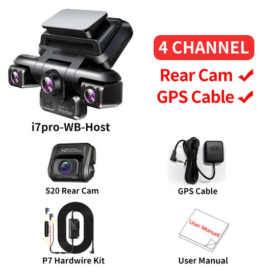 4CH 360° Dash Cam i7Pro with 4K Front + 3x1080P Cameras | GPS, WiFi, 24H Parking, IR Night Vision