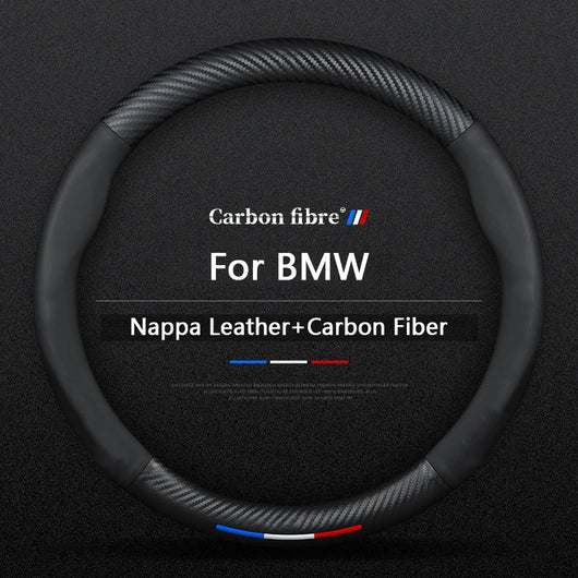 BMW Steering Wheel Cover – Carbon Fiber Leather, Anti-Slip, Universal 38cm (15 Inch), Compatible with 3/5/7 Series, X1, X3, X5, X7, M Models
