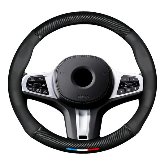 Carbon Fiber Leather Steering Wheel Cover – Anti-Slip, Universal 38CM (15 Inch) Compatible with BMW M3, M4, M5, E36, E39, E46, E60, E90, E91, F01, F10, F15, F20, F30, X1, X3, X5, X7.